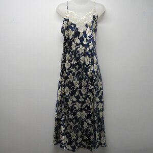 Vintage 90s Etienne Blue Ivory Floral Shiny Satin Long Maxi Slip Dress sz S 🔥